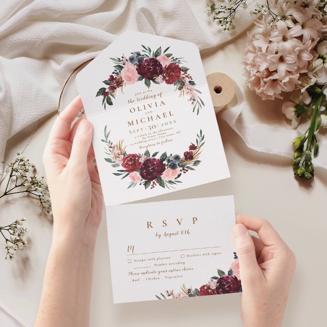 Burgund Aquarell Rustikale Hochzeit All In One Einladung (Burgundy watercolor floral rustic boho wedding al all in one invitation)