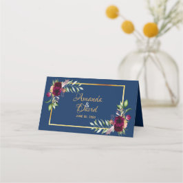 Burgund, Aquarellblumen, blauer Hochzeitstag Platzkarte