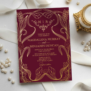 Burgund Art Nouveau Florale Weinreben Monogramm Ho Folieneinladung