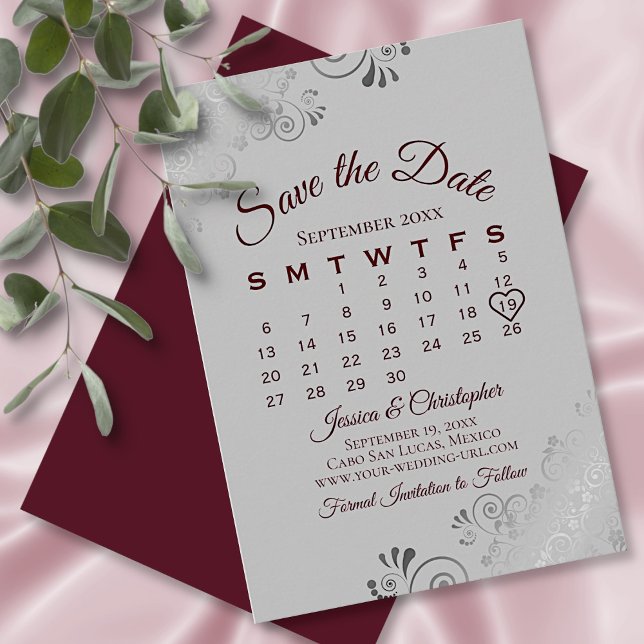 Burgund auf Gray Silver Lace Wedding Calendar Save The Date (Von Creator hochgeladen)