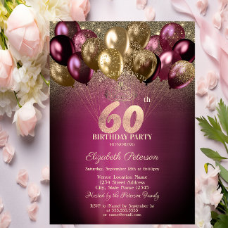 Burgund Balloons Glitzer 60. Geburtstag Einladung