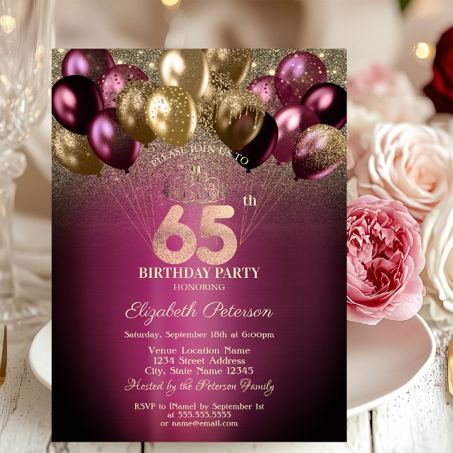 Burgund Balloons Glitzer 65. Geburtstag Einladung (Von Creator hochgeladen)