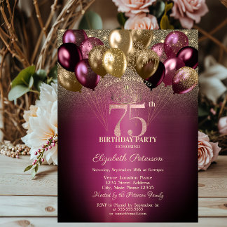 Burgund Balloons Glitzer 75. Geburtstag Einladung