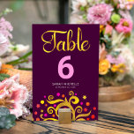 Burgund Bat Mitzvah Goldener Bogen Tischnummer<br><div class="desc">Kein Bat Mitzvah Party ist komplett ohne personalisierte Tischnummer Karten. Lass deinem Lieblings-Bat Mitzvah Stolz, Freude und feiere ihren Meilenstein in ihrem perfekt koordinierten Party. Diese raffinierte, schicke, atemberaubende, abstrakte Grafik-Imitate Goldfolienbaum mit funkelnd Rosa, Orange und Rot Star of David und Dot "Blätter" und rosa Tischnummer überlagert einen reichen, lila...</div>