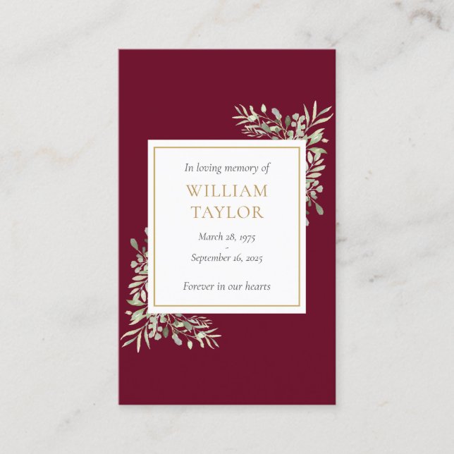 Burgund Beerdigung Gedenkstätte Grüne Gebetskarte Visitenkarte (Vorderseite)
