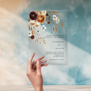 Burgund-Beige-Pampas-Flora Hochzeit Acryleinladungen