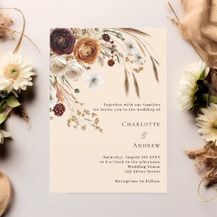 Burgund beige Pampas florals Luxus Hochzeit Einladung
