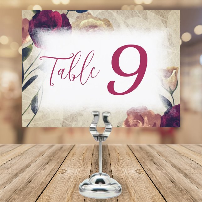 Burgund & Beige Rose Hochzeit Tischnummer Zeichen (wedding reception table number sign, burgundy calligraphy script, red, beige, teal roses)