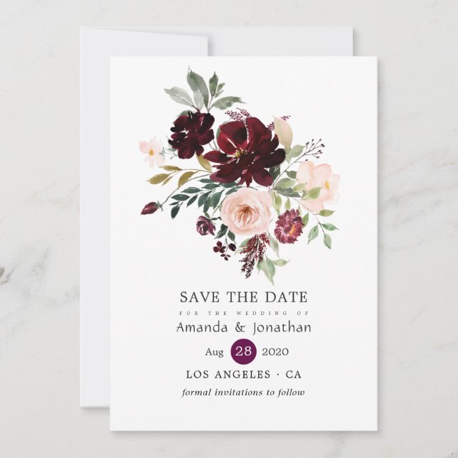 Burgund Berry und Blush Bloral Wedding Save The Date (Vorderseite)