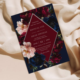 Burgund Blass Dunkelblau Floral Silber Hochzeit Einladung