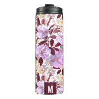 Burgund Blätter Lila Blumenmuster | Monogramm