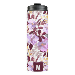Burgund Blätter Lila Blumenmuster Monogramm Thermosbecher
