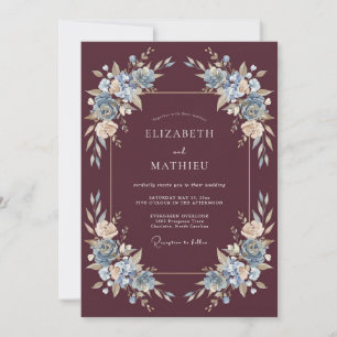 Burgund Blau Ätherische Blütenhochzeit Einladung