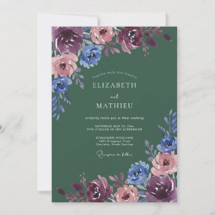 Burgund-Blau-Malerei-Blüten-Hochzeit Einladung