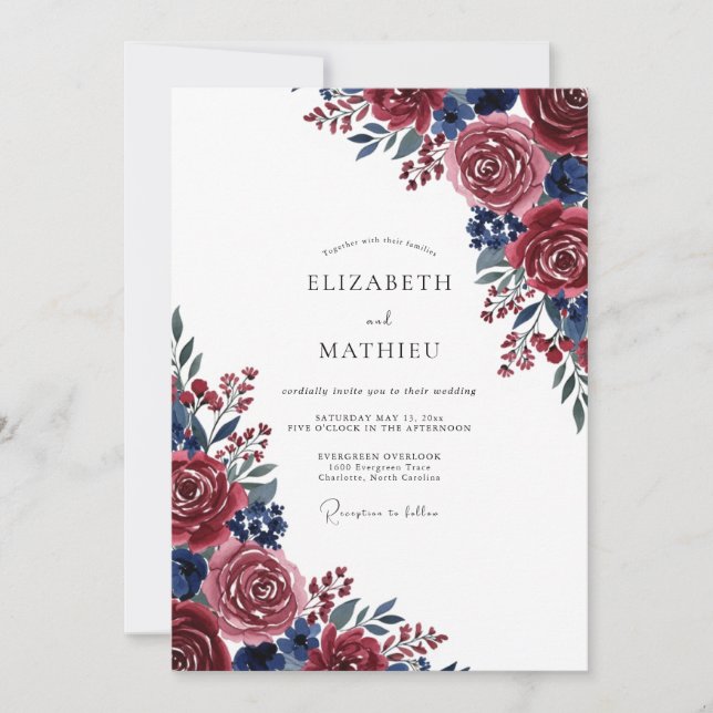 Burgund Blau Malerische Blüten Hochzeit Einladung (Vorderseite)