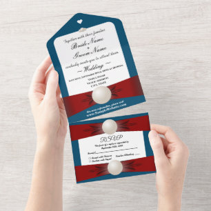 Burgund & Blaue Perlen-Hochzeit mit Bändchen & RSV All In One Einladung