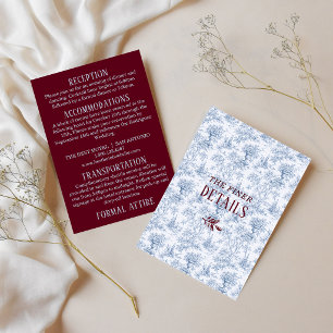 Burgund & Blaue Vintage-Toile-Hochzeitsdetails Begleitkarte