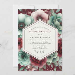 Burgund & Blaugrün Hochzeit in Vintage-Style Einladung