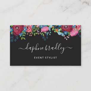 Burgund Blue Blumen Weiße Kalligrafie-Skript Visitenkarte