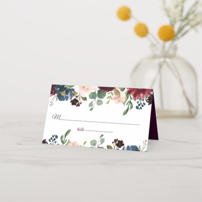 Burgund & Blue English Blume Hochzeit Platzkarte (Vorderseite)