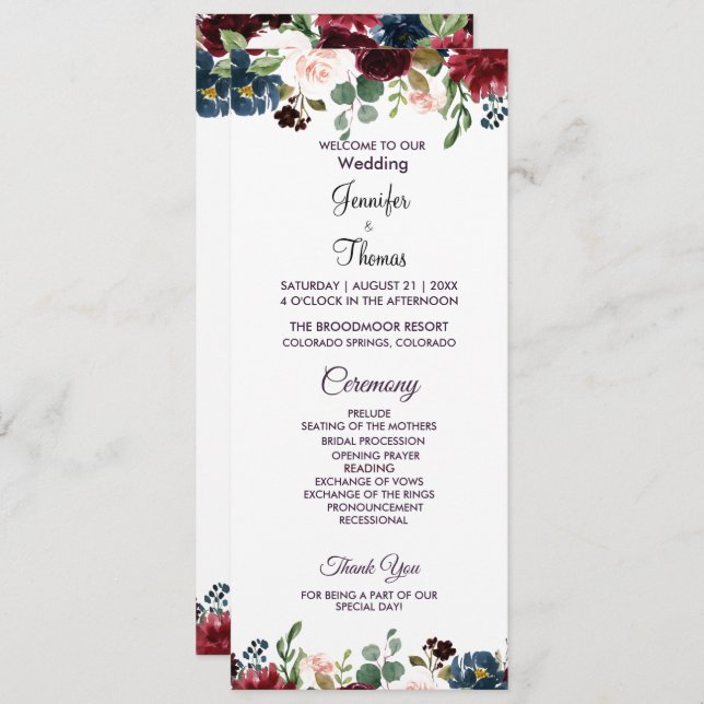 Burgund & Blue English Blume Hochzeit Programm (Vorne/Hinten)