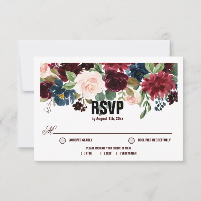 Burgund & Blue English Blume Hochzeit RSVP Karte (Vorderseite)