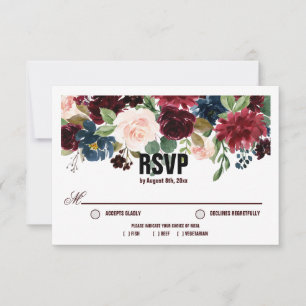 Burgund & Blue English Blume Hochzeit RSVP Karte