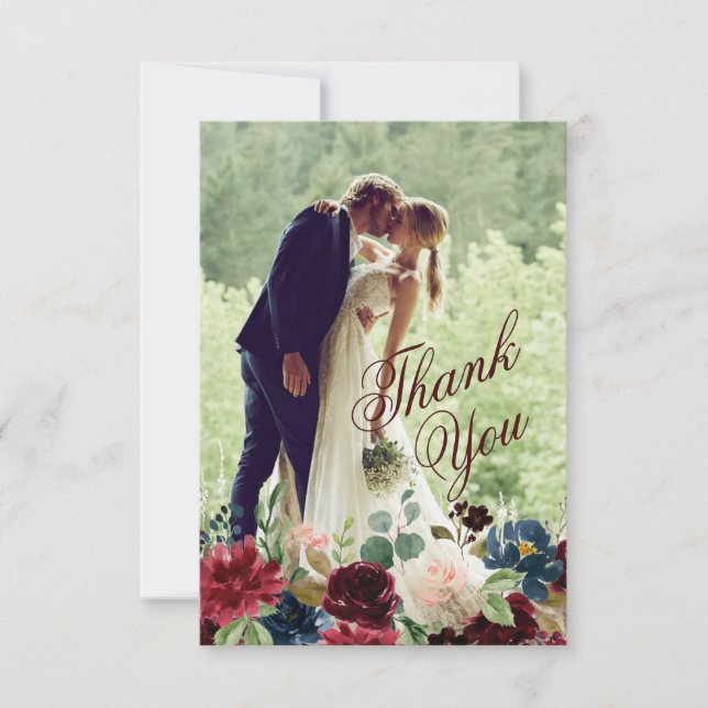 Burgund & Blue English Blume Hochzeit Vielen Dank (Vorderseite)