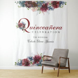 Burgund Blue Floral Quinceanera Foto Hintergrund Wandteppich