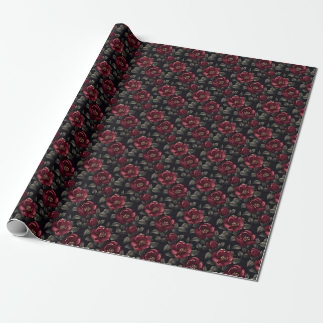Burgund-Blume auf schwarz Geschenkpapier (Ungerollt)