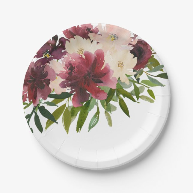 Burgund Blume Floral Wasserfarbe Pappteller (Vorderseite)