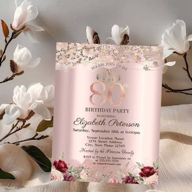 Burgund Blume Glitzer Border Rose Gold 80. Einladung (Von Creator hochgeladen)