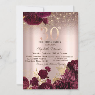 Burgund Blume Glitzer Rose Gold 30. Geburtstag Einladung