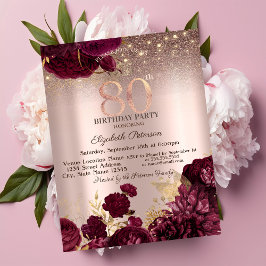 Burgund Blume Glitzer Rose Gold 80. Geburtstag Einladung