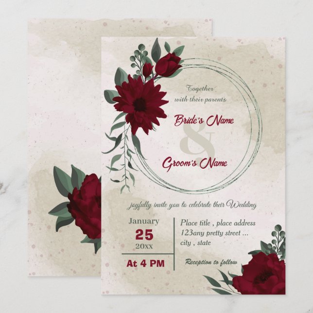 Burgund Blume Grünkranz Einladung (Vorne/Hinten)