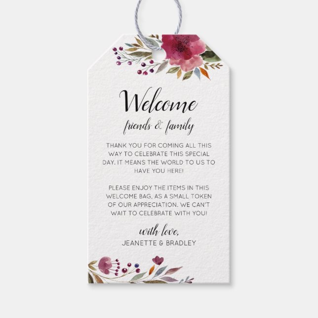 Burgund Blume Hochzeit im Herbst Begrüßungskorb Geschenkanhänger (Vorderseite)