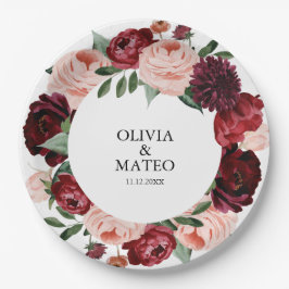 Burgund-Blume Hochzeit Personalisiert Pappteller