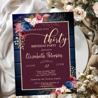 Burgund Blume Navy Blue Wood 30. Geburtstag Einladung