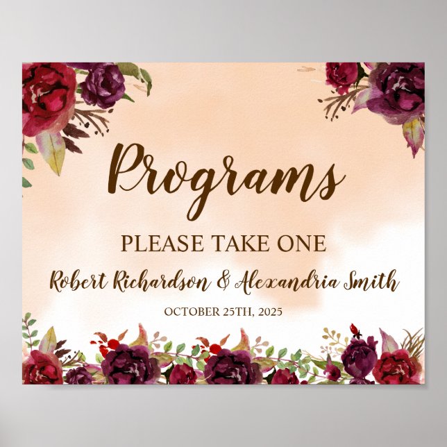 Burgund Blume Programme Hochzeitfeier Unterzeichnu Poster (Vorne)