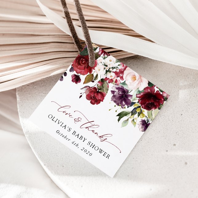 Burgund-Blume, rosa Blume, Boho, Babydusche Geschenkanhänger (Von Creator hochgeladen)