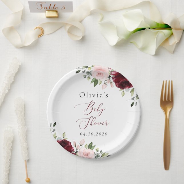 Burgund-Blume, rosa Blume, Boho, Babydusche Pappteller (Hochzeit)