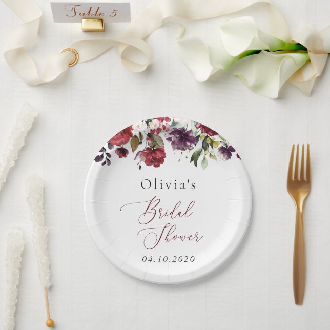 Burgund-Blume, rosa Blume, Boho-Brautparty Pappteller (Hochzeit)