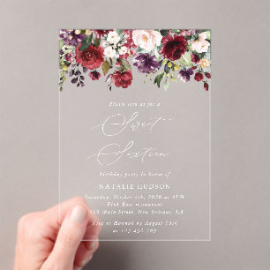 Burgund-Blume, rosa Blume, Boho, Sweet 16 Acryleinladungen