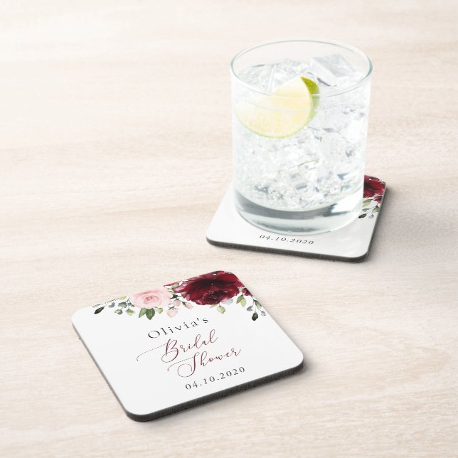 Burgund-Blume, rosa Blume, Brautparty Getränkeuntersetzer (Rechte Seite)