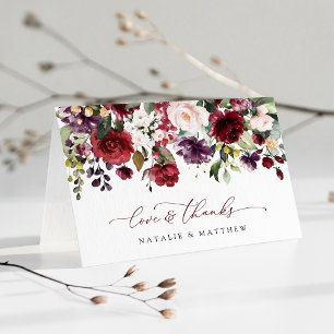 Burgund-Blume, rosa Blume, Grünpflanzen, Hochzeit Dankeskarte