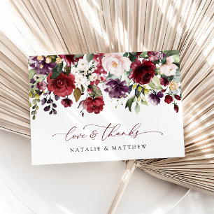 Burgund-Blume, rosa Blume, Grünpflanzen, Hochzeit Dankeskarte