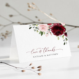 Burgund-Blume, rosa Blume, Grünpflanzen, Hochzeit Dankeskarte