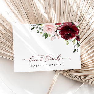 Burgund-Blume, rosa Blume, Grünpflanzen, Hochzeit Dankeskarte