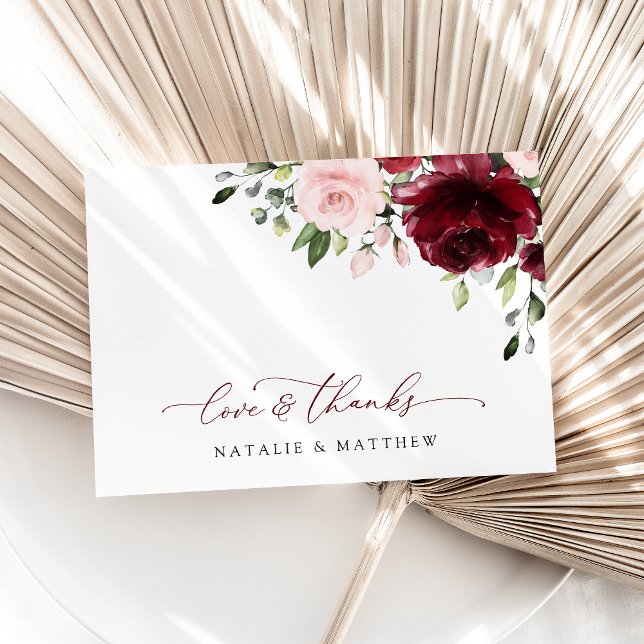 Burgund-Blume, rosa Blume, Grünpflanzen, Hochzeit Dankeskarte (Von Creator hochgeladen)