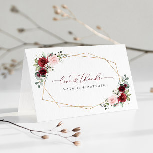 Burgund-Blume, rosa Blume, Grünpflanzen, Hochzeit Dankeskarte